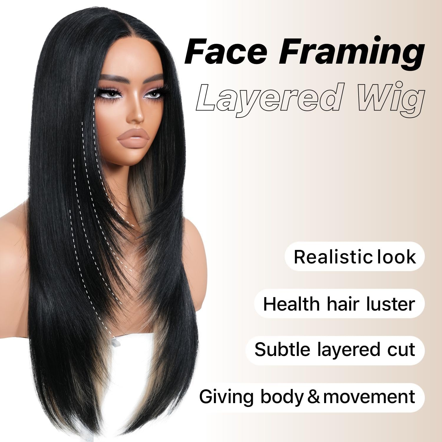 Black Blond Skunk Stripe Wear and Go Glueless Wigs Pre Plucked Pre Cut for Beginners Synthetic Lace Front Wigs with Bangs Long Straight Layered Wigs Highlights 26 Inch 3 Seconds to Wear - Black Blonde image number 1