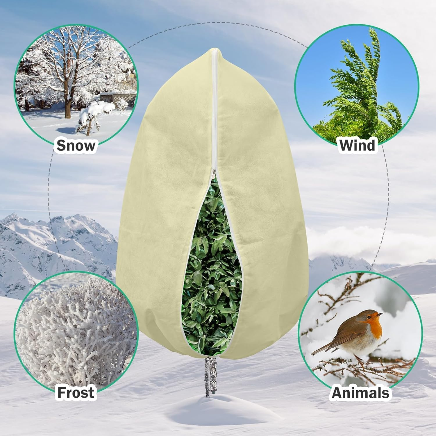Plant Covers Freeze Protection, 2 PCS 120CM W X 180CM H Large Frost Cloth Blankets with Zipper Drawstring, Reusable Frost Tree Covers Shrub Jackets for Winter Outdoor Plants Potted Fruit Tree (White) - White image number 3