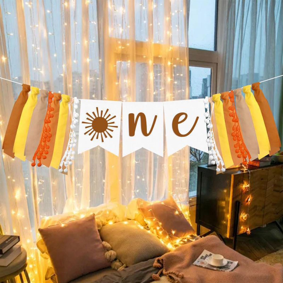 AIMALL Birthday Party High Chair Banner for 1 Year Old - Decorative Flag with "ONE" Letters and Handmade Fabric Tassels, Colorful Cloth Strip for Baby'S First Birthday image number 3