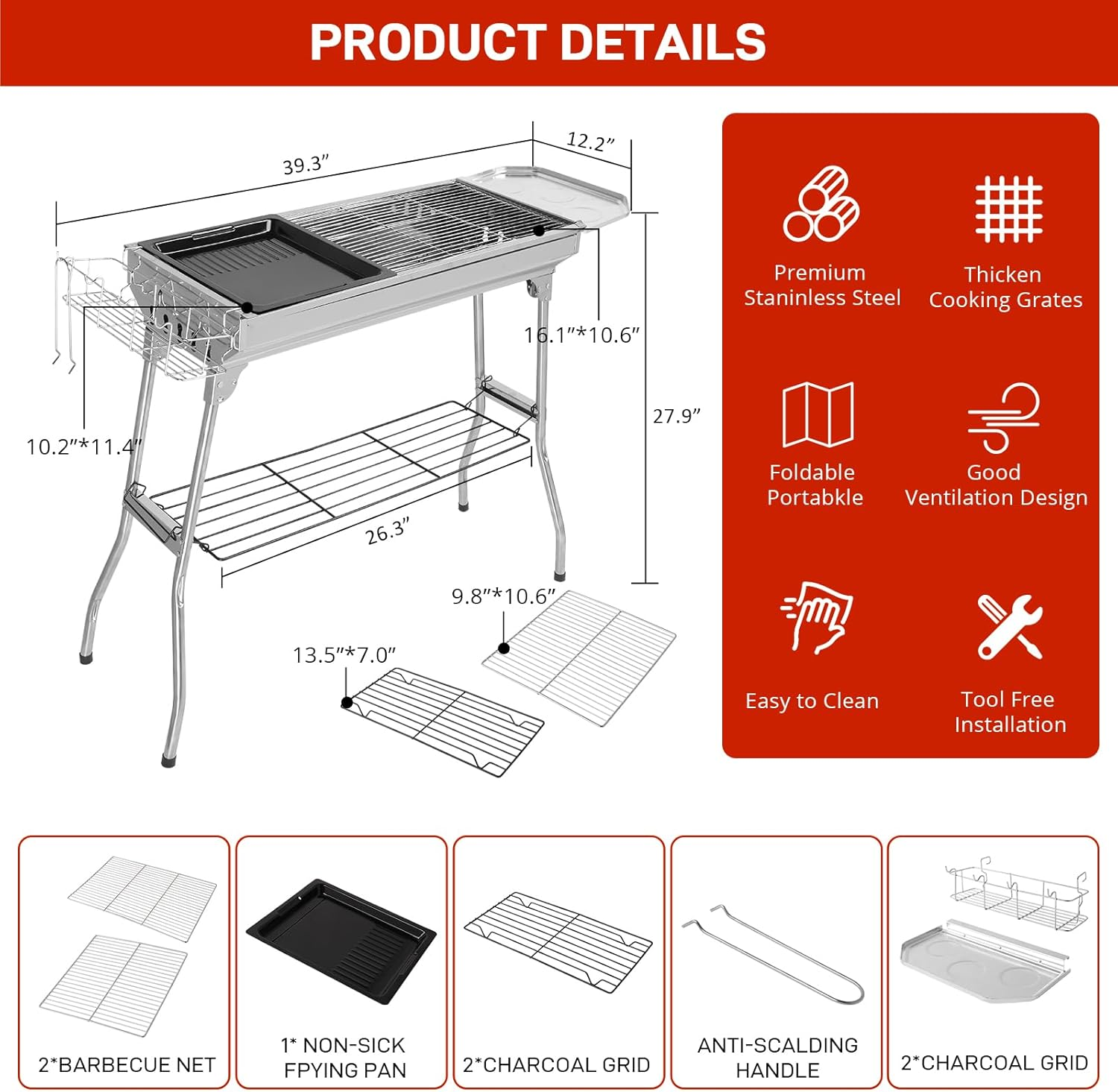 Large Stainless Steel BBQ Charcoal Grill, 39 X 12X 28" Portable & Foldable Barbecue Grill, Outdoor Patio Garden Heating Smoker for Cooking Camping Hiking Picnic Garden Beach Party image number 6