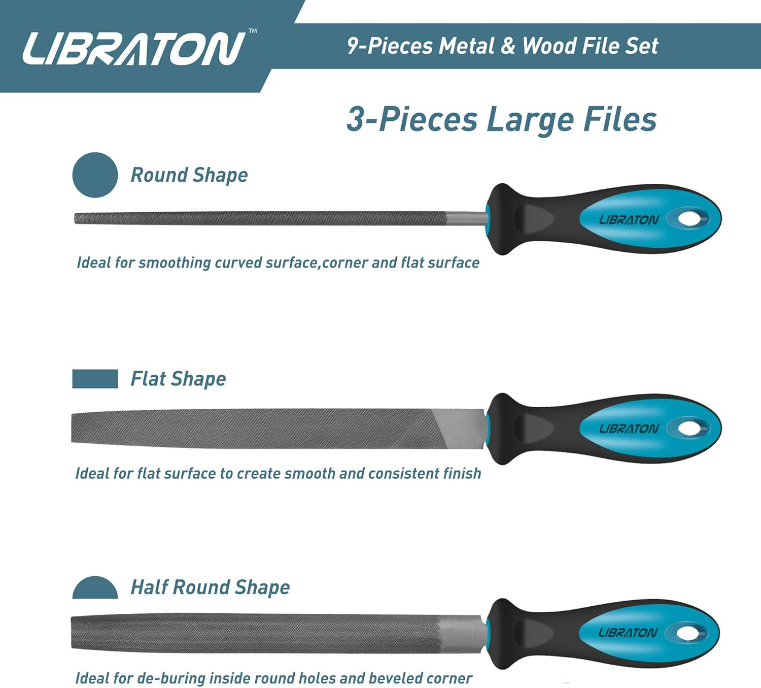 LIBRATON Metal Files 9Pcs, File Set for Metal, Needle Files, Files Rasps, Flat, Round, Half-Round Files for Metalworking, Metal, Woodworking, Wood, Carpentry image number 3