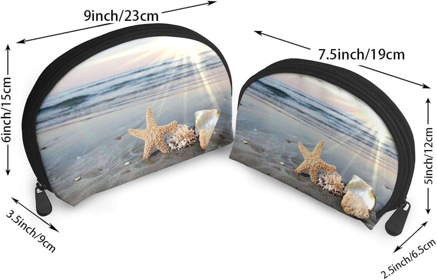 Coin Pouch Makeup Bags Set, 2 Piece Shell Shape Cosmetic Bag with Pockets for Daily Travel Handbag Lipstick Keys Toiletry, Personalized Starfish Shell Sunny Beach image number 5