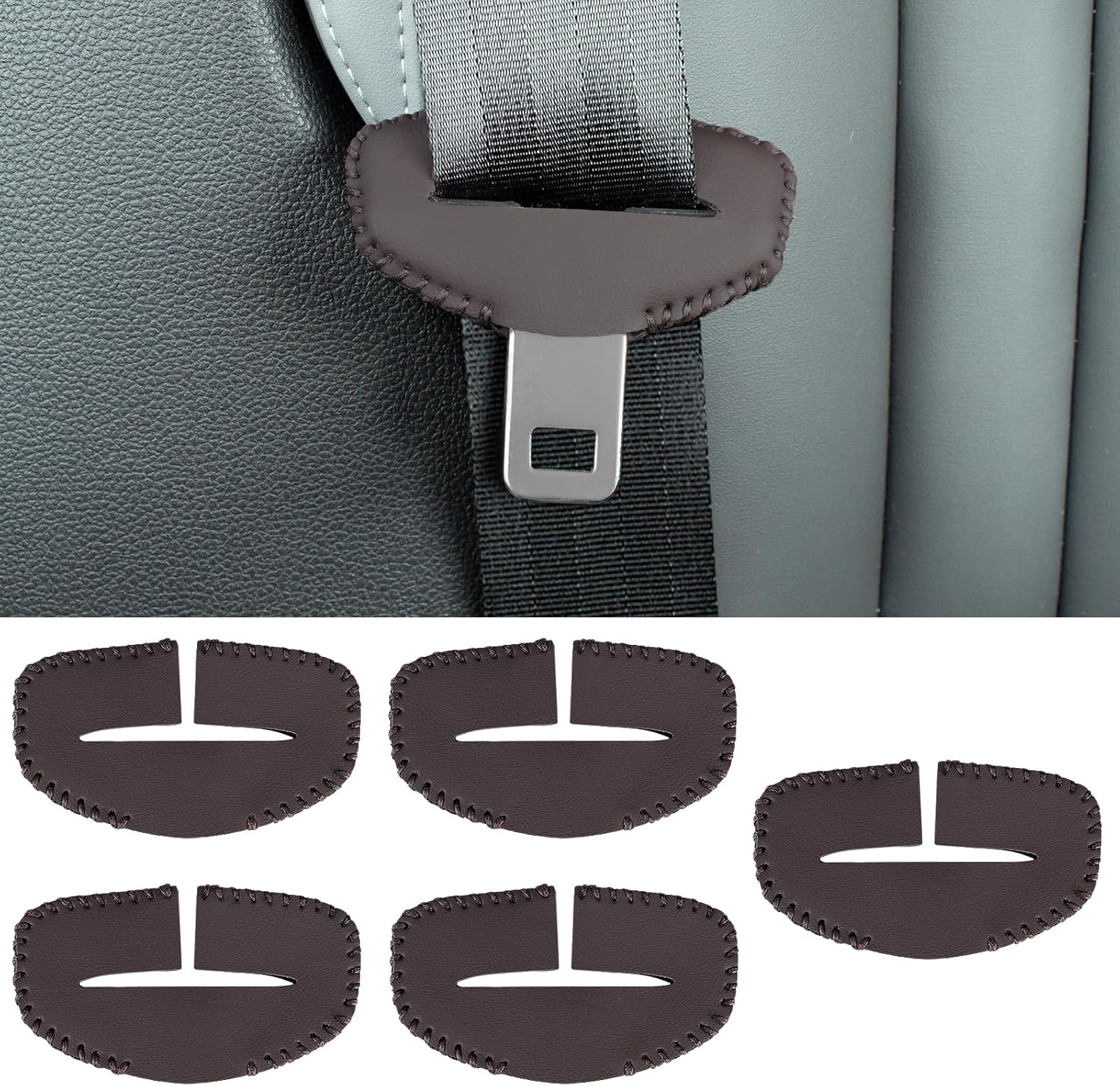 5PCS Seats Belt Buckle Cover,Car Seats Belt Fixing Buckle Decorate Protector Leather Cover,Seats Belt Silencer Clip Holster,Seats Belt Buckle Cover for Most Vehicles -Brown - Black-2 image number 5