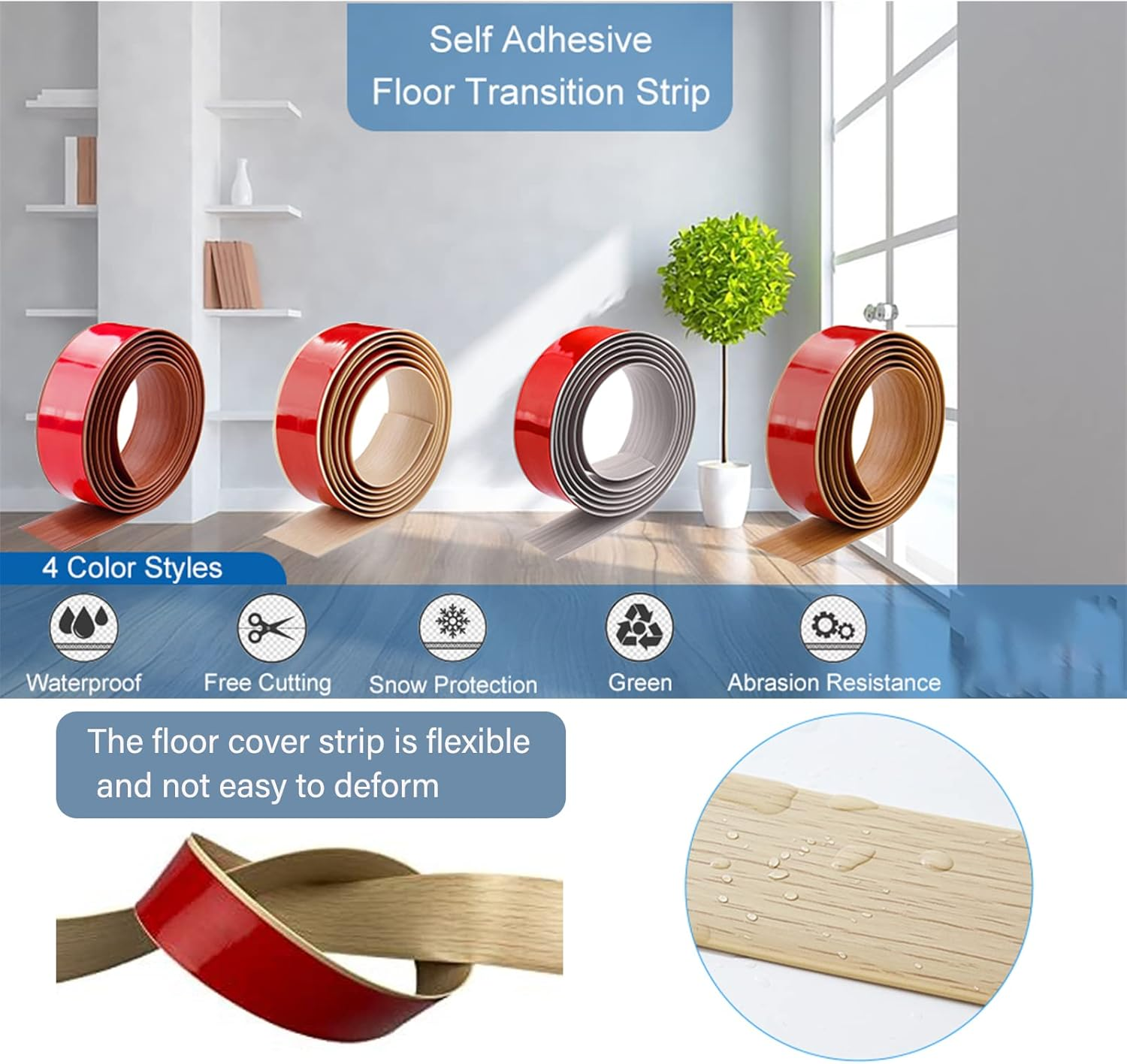 Floor Transition Strip, Self Adhesive Vinyl Floor Edging Trim Transition Strip, Floor Cover Strips, Laminate Floor Strip 1.5&rdquo; Wide Vinyl Floor Flat Divider Strip for Joining Floor Gaps (Brown) image number 3