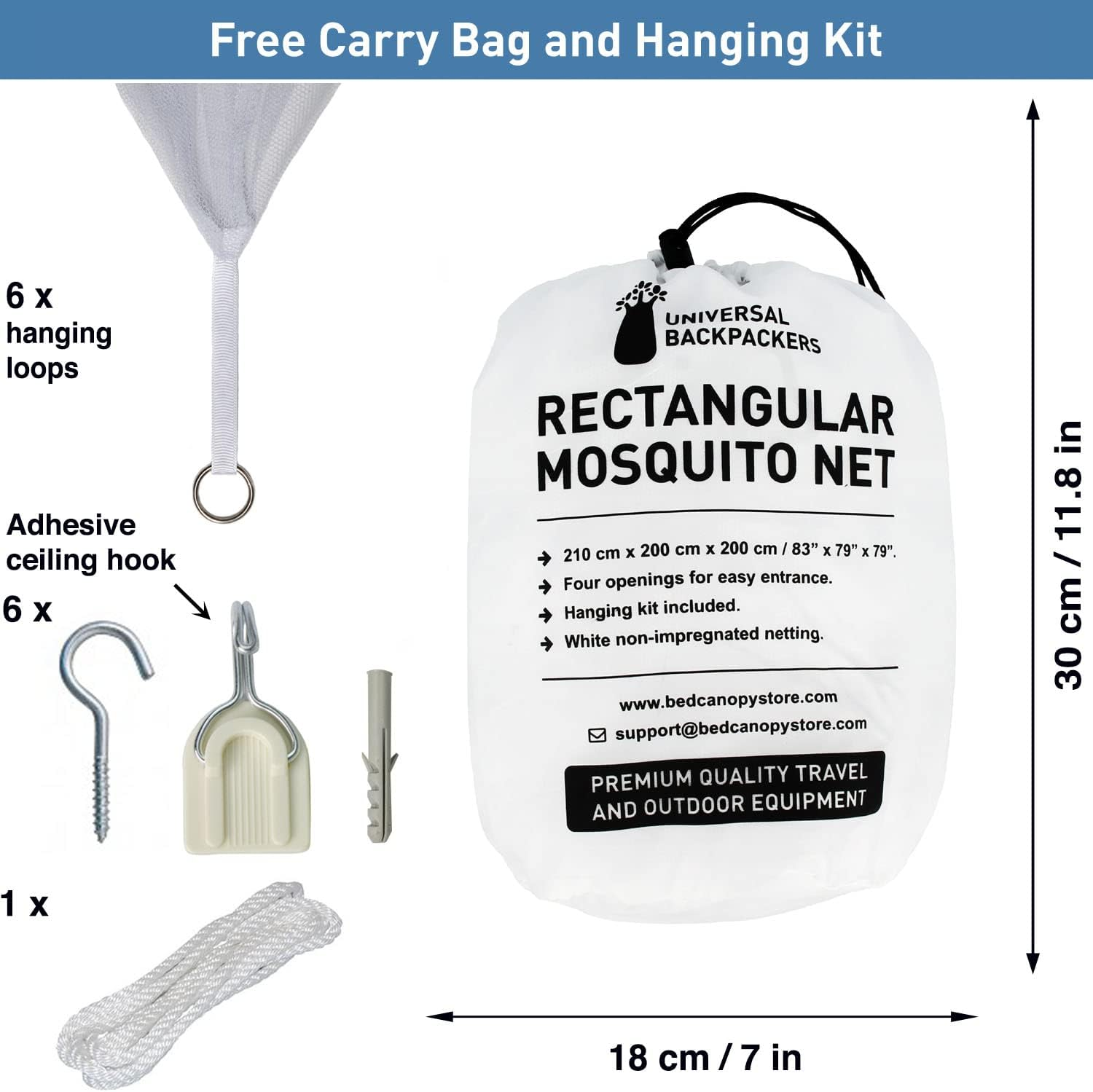 Mosquito Net for Double Bed, White, 6 Hanging Loops and 4 Side Openings, Decorative Rectangular Shape for Home & Travel, Canopy Hanging Set and Carry Bag Included, 210 X 200 X 200 Cm image number 6