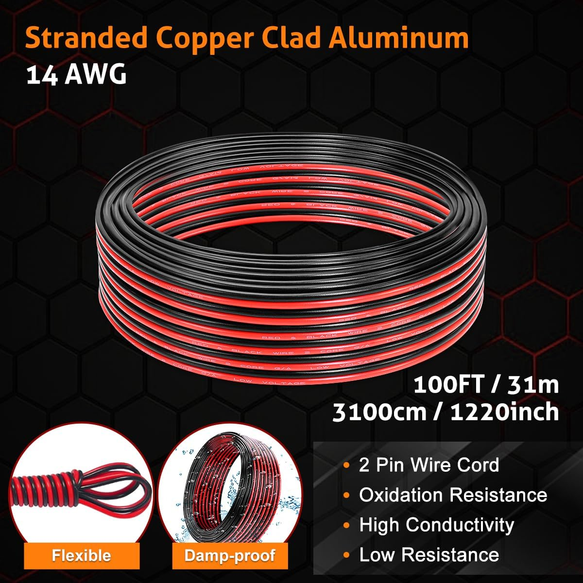 UCINNOVATE 14 AWG Electrical Wire, Flexible 200FT (100FT Red + 100FT Black) 14/2 Gauge Red Black Cable Hookup CCA Electrical Wire LED Strip Extension Wire 12V 24V DC, 14AWG Speaker Cable Cord LED Lamp image number 1