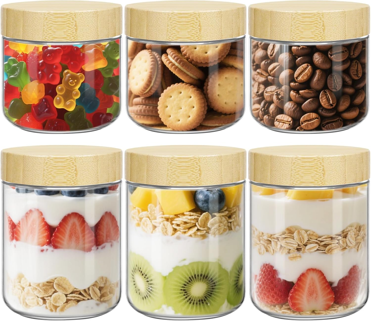 UHAPEER 10 & 16 Oz Overnight Oats Containers with Bamboo Lids 6 Pack: Airtight Glass Storage Jars Wide Mouth Mason Jars for Breakfast Meal Prep Salad Chia Puddirg Snacks Yogurt Sugar Spice Cereal image number 6