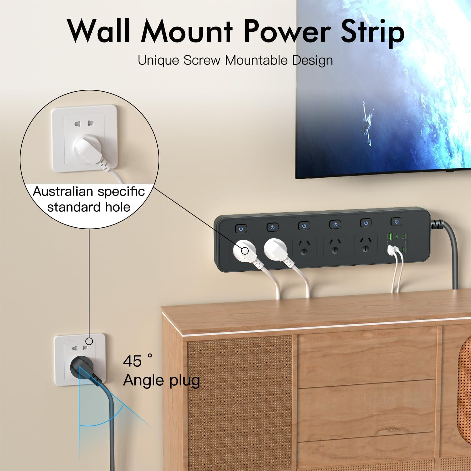 Lylilidy Power Board Individual Switches, 3M Extension Cord Power Strip with 5 AC Outlets, 2 USB a and 4 USB C PD30W Super Fast Charging, Wall Mount Surge Protector for Home Office Dorm (Black) image number 2