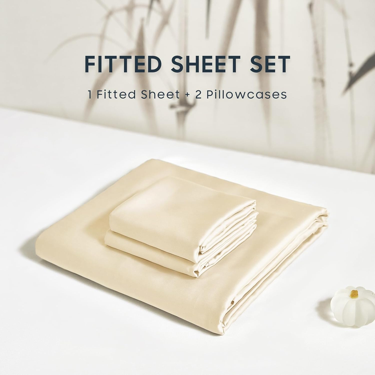 Wake in Cloud - 100% Bamboo Fitted Sheet Set, 3 Pieces, Cooling Breathable & Soft Bed Sheets, Hotel Luxury Silky Bedding, Extra Deep Fitted Sheet & 2 Pillowcases, Ivory, Queen Size