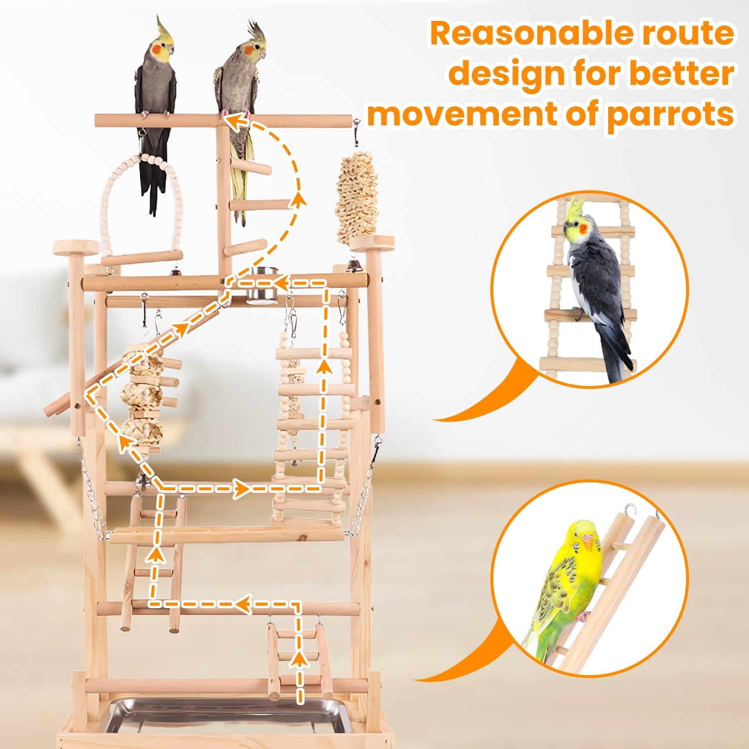 Uandhome Bird Playground,4 Tier Parrots Playstand for Small to Medium Birds, Perch Stand with 3 Ladders Playgym with Rope Perch, Swings Feeder Cups Bird Cage Accessories for Conure Cockatiel Lovebirds image number 1