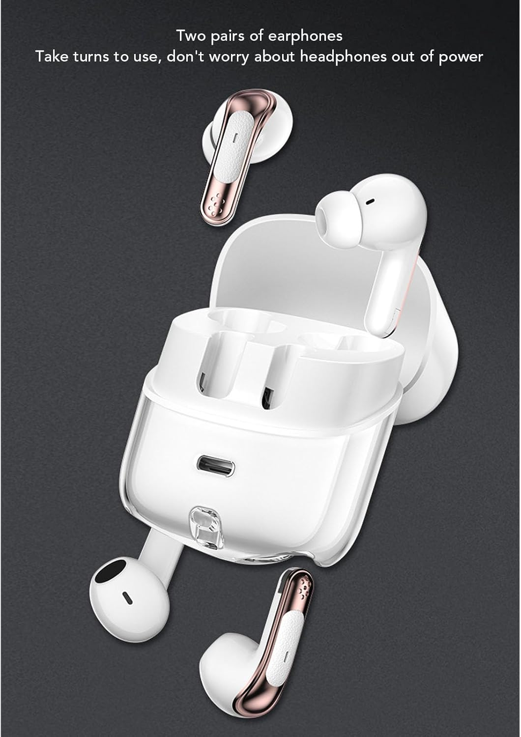 Jectse Two Pairs of Wireless Dual Touch Audio Earbuds, Pair Earphones with LED Display, Bluetooth 5.4 Deep Bass Sound in Ear Earphones, for Couples with Two People (White) image number 5