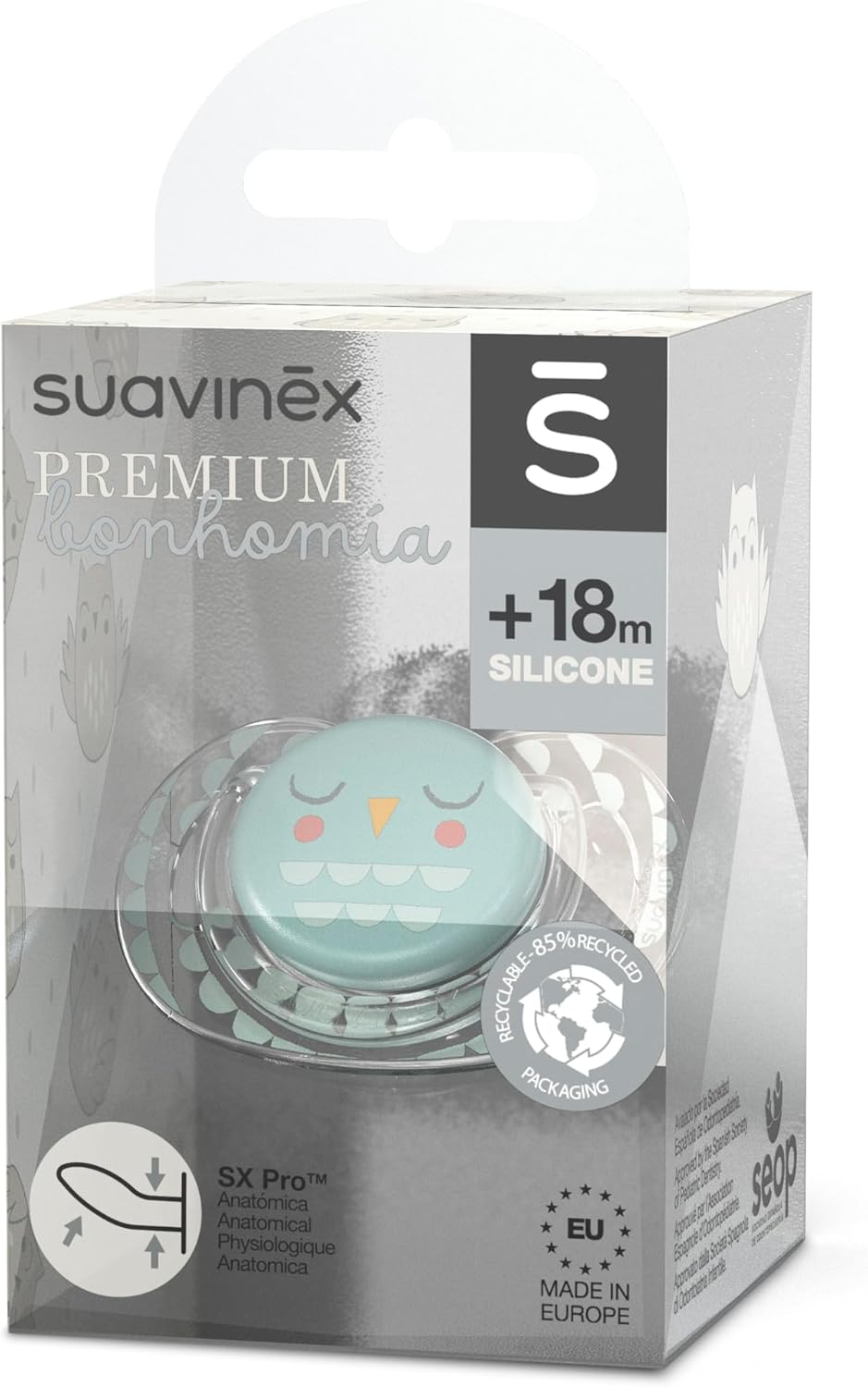 Suavinex Premium Soother with SX Pro Silicone Anatomical Teat for 18+ Months Babies, Bonhomia Feather Green image number 4