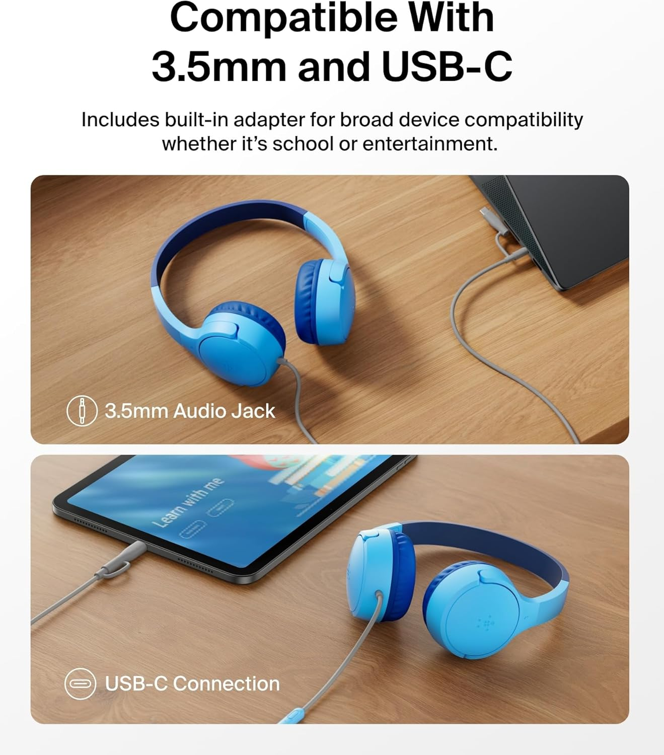 Belkin Soundform Mini Kids Wired Headphones W/Usb C to 3.5Mm Dongle, Built-In Mic & Fun Stickers, 85Db Max Volume &ndash; for Online Learning, Travel, Compatible W/Iphone 16, Ipad, Galaxy S25, Etc - Blue image number 2