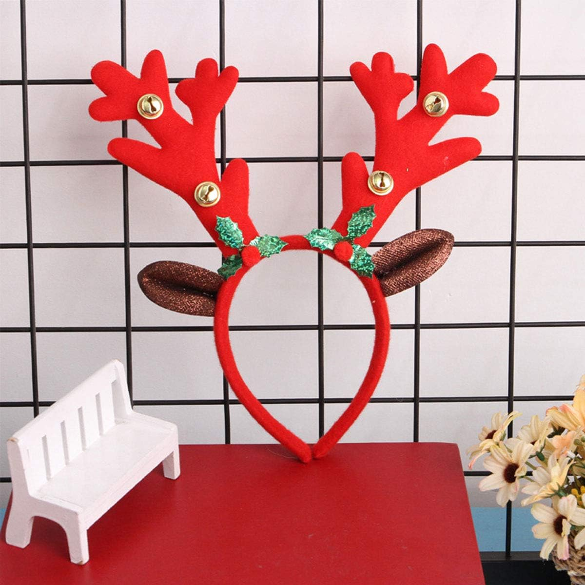 Reindeer Antlers Headband Christmas and Easter Party Headbands Deer Antlers Headband with Bells Cute Reindeer Ears Headband - Red image number 2