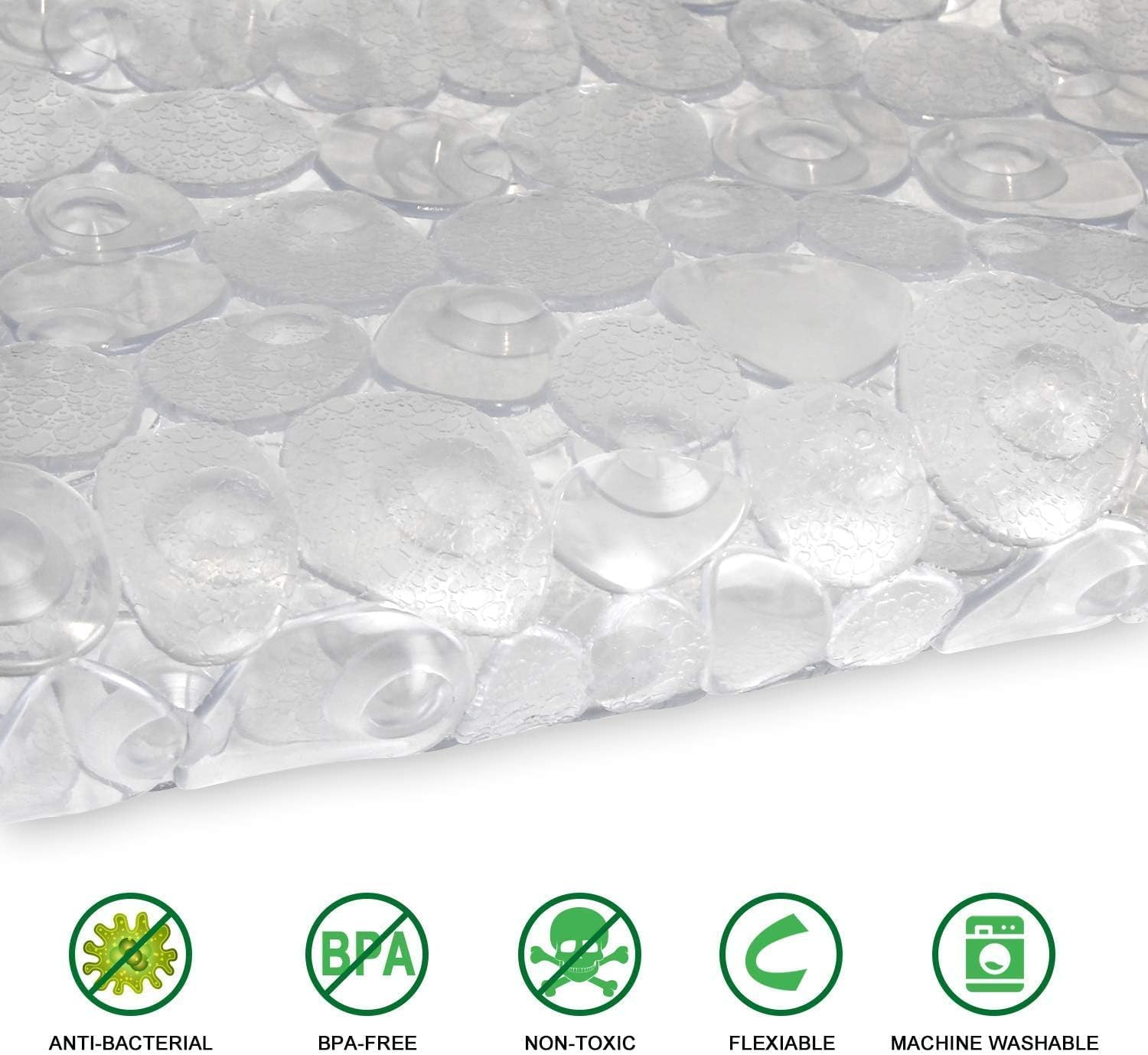 Miners2000 Pebbles Bath Mat Clear Non-Slip Bathtub Mat with Suction Cups, Drain Holes for Bathroom Showers, Tub, Machine Washable, BPA, Latex Free Safe Shower Mats. (Pebbles-Clear, Oval(27" X 14")) image number 6