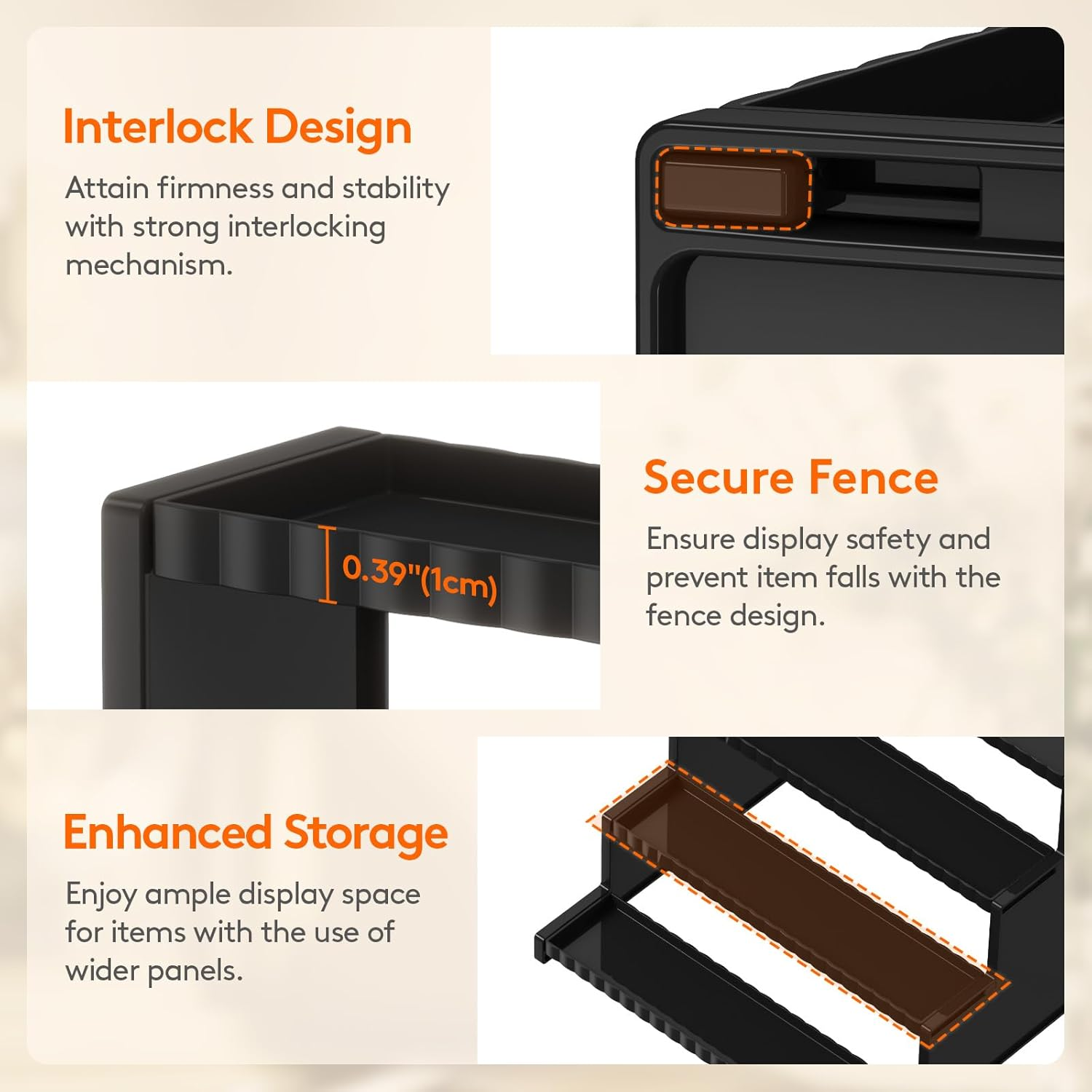 Lifewit 4 Tier Black Display Risers Stand with Decorative Fences, Plastic 12 Inch Perfume Organizer, Display for Figures, Cupcake, Dessert, Desktop Stand for Organization and Decor, 2 Pack image number 1