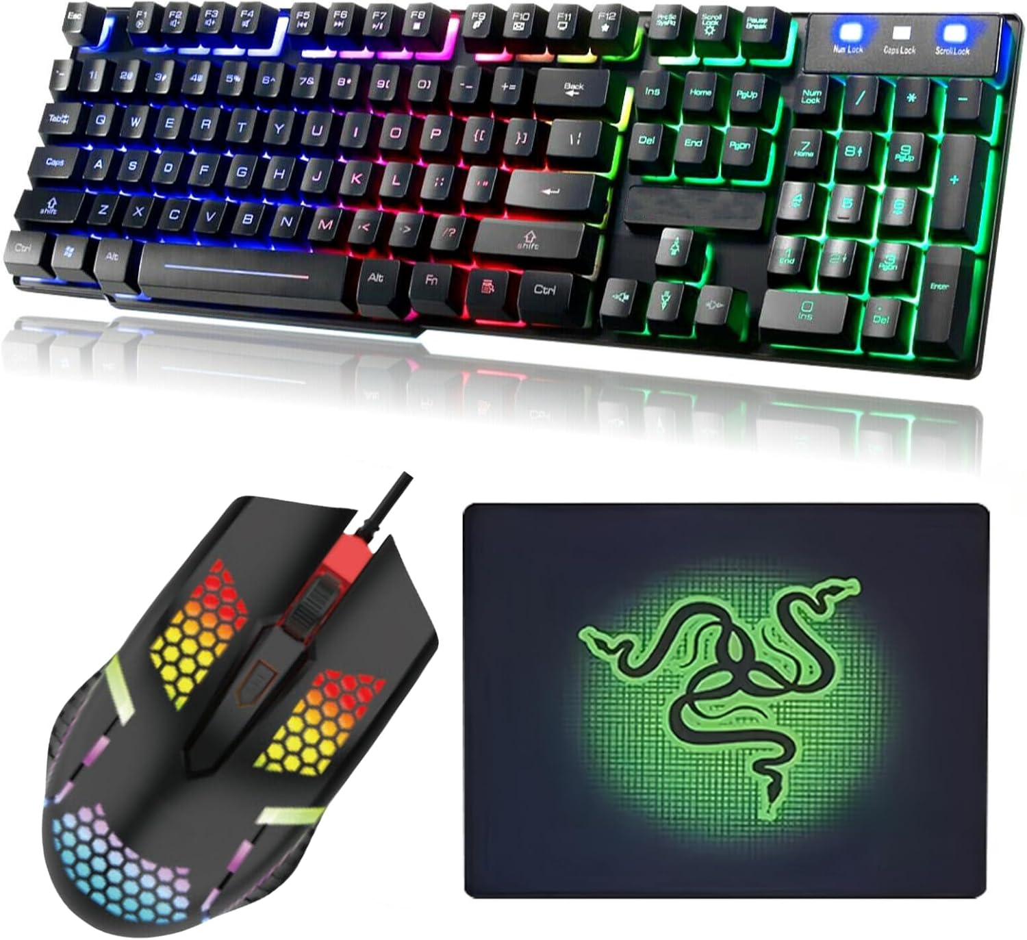 Gaming Keyboard Mouse and Mouse Pad Combo Set- Ergonomic Rainbow RGB Backlight USB Wired for PC Laptop for Working Gaming - Keyboard, Mouse, Pad (Black)