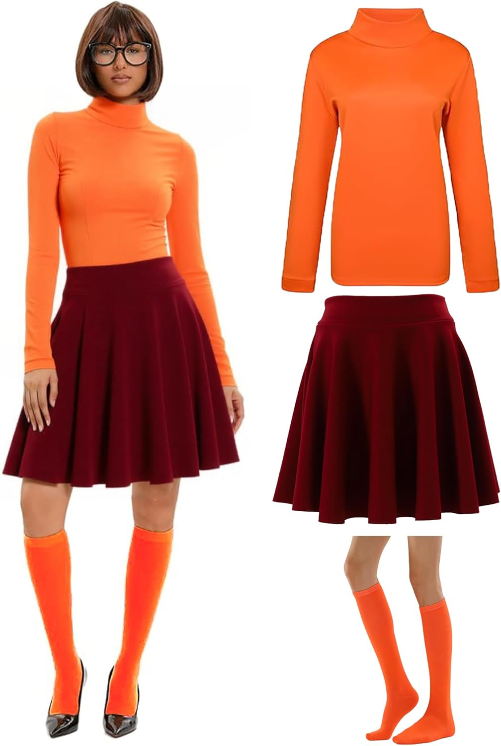 Velma Costume for Women Orange Halloween Costumes with Mini Skirt, Knee Socks image number 6