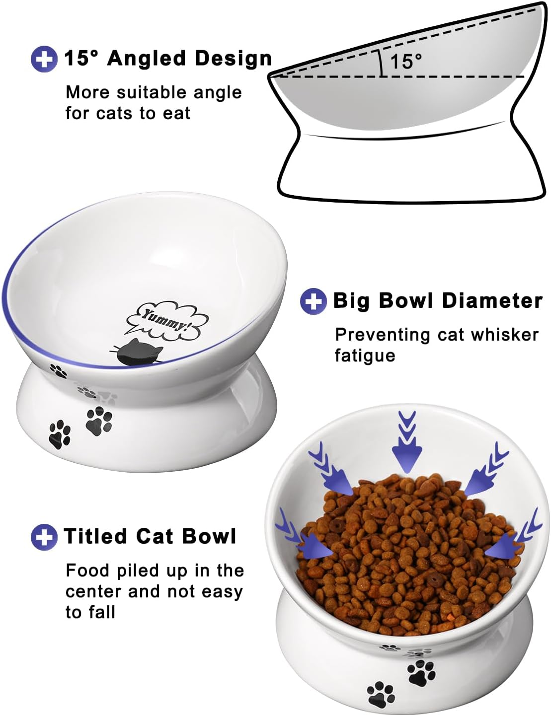 Y YHY Ceramic Raised Cat Food Bowl, Slanted Cat Dish, Tilt Angle Protect Cat'S Spine, Stress Free, Backflow Prevention, Cat, White image number 6