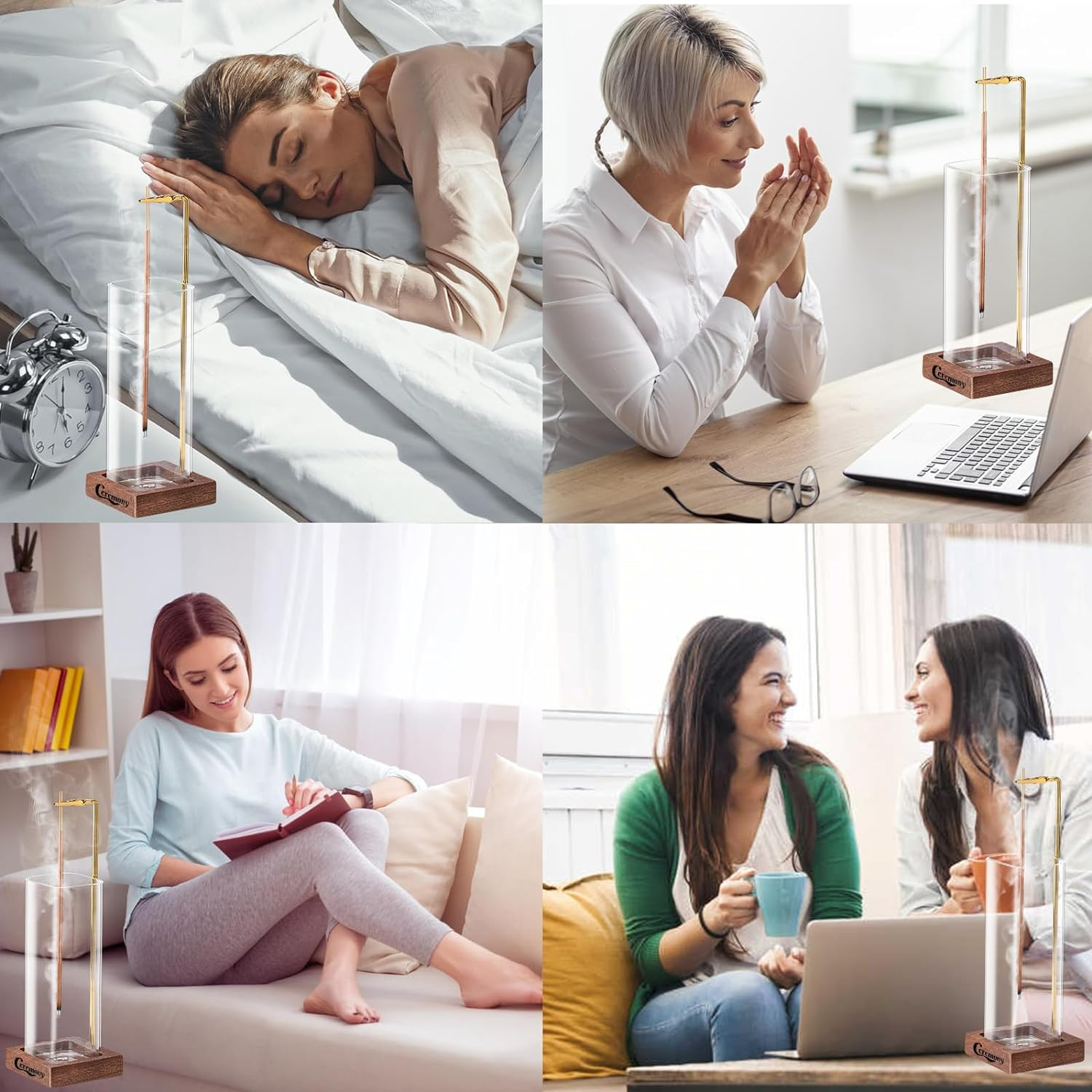 CEREMONY Incense Holder，Wood Incense Holder for Sticks with Glass Ash Catcher，Incense Burner for Meditation Yoga Spa Room Decor image number 5