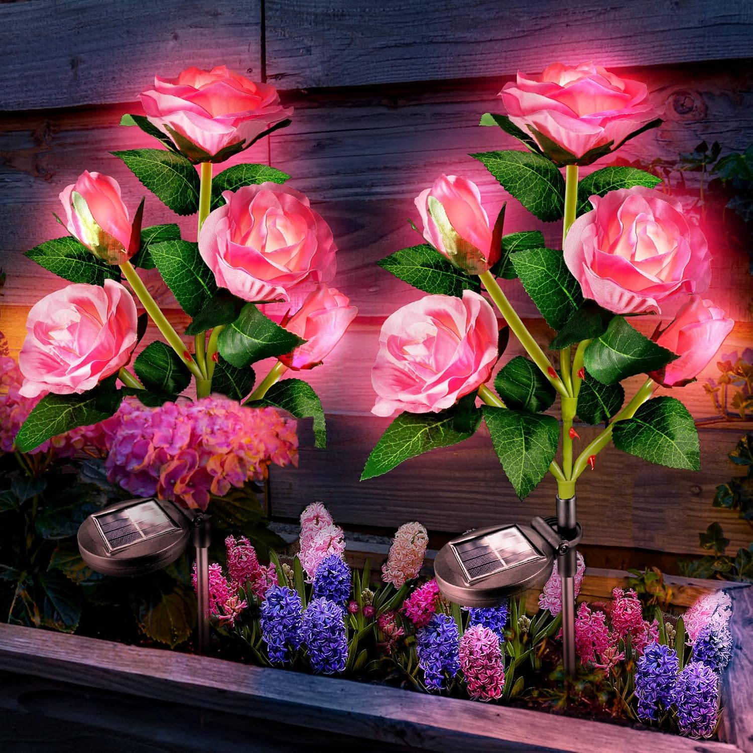 Solar Flowers Lights Garden Outdoor Decor 2 Pack, Waterproof Pink Cemetery Rose for Grave Yard Patio Path Flower Bed Decorotions Outside, Valentines/Mothers Day Birthday Gifts for Mom Women Grandma