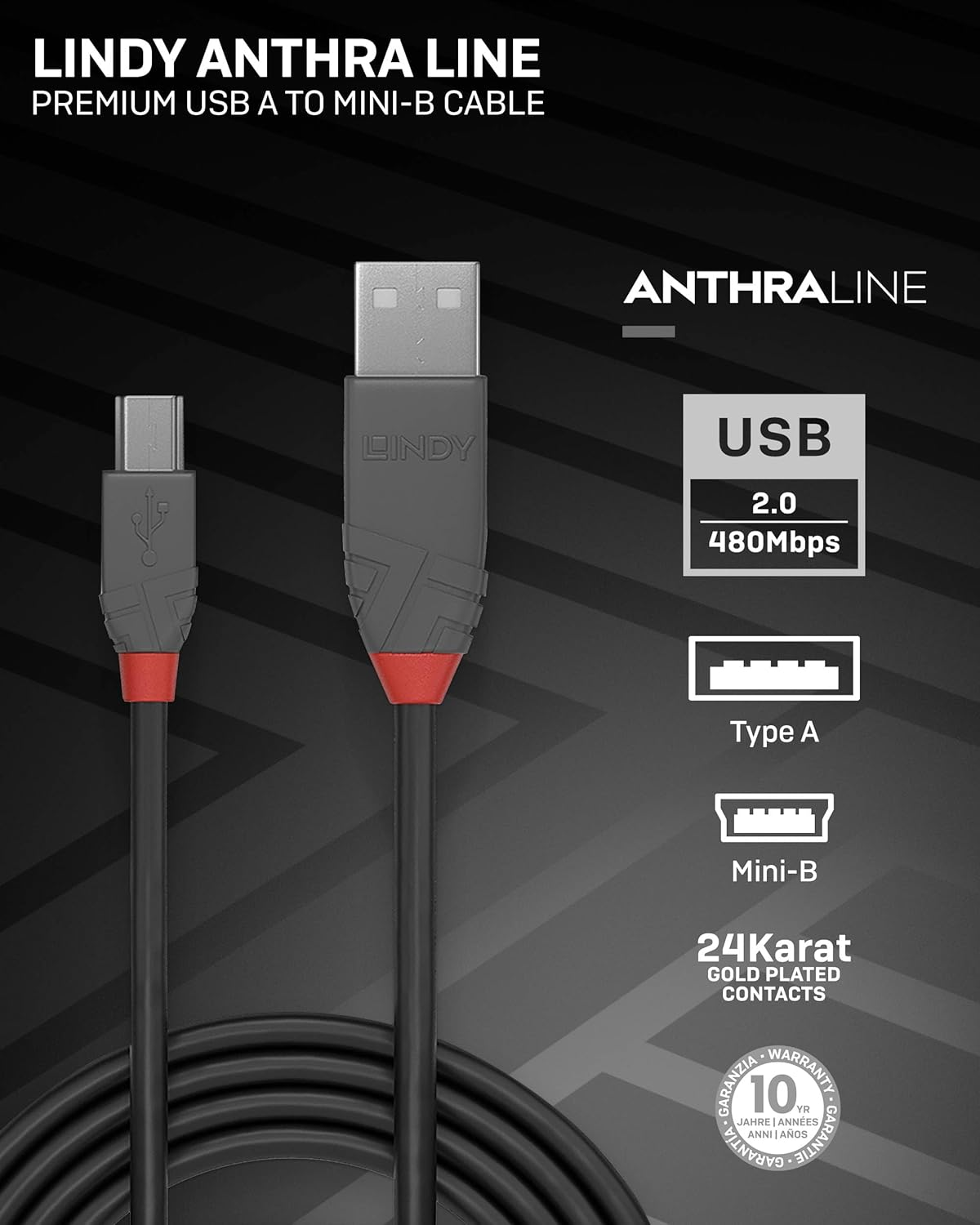 Lindy Anthra Line USB 2.0 Type a to Mini-B Cable, 5M Length image number 6
