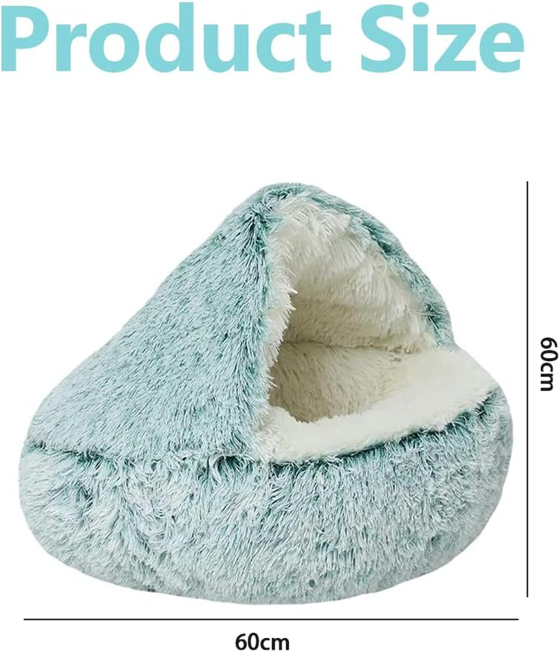 Cat Bed round Plush Fluffy Hooded Cat Bed Cave, Cozy for Indoor Cats or Small Dog Beds, Soothing Pet Beds Doughnut Calm Anti-Nxiety Dog Bed - Waterproof Bottom Washable, 20 Inches (Green, 60 Cm)