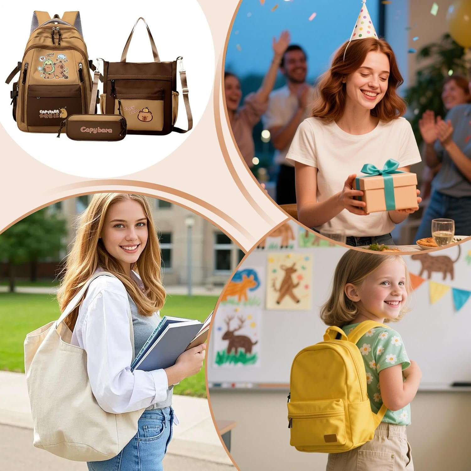 Capybara Bag - Cartoon Bookbag with Pencil Case and Tote Bag,Aesthetic Laptop Bookbag for Students Girls Daily Travel School Companion - Back To Back Model image number 4