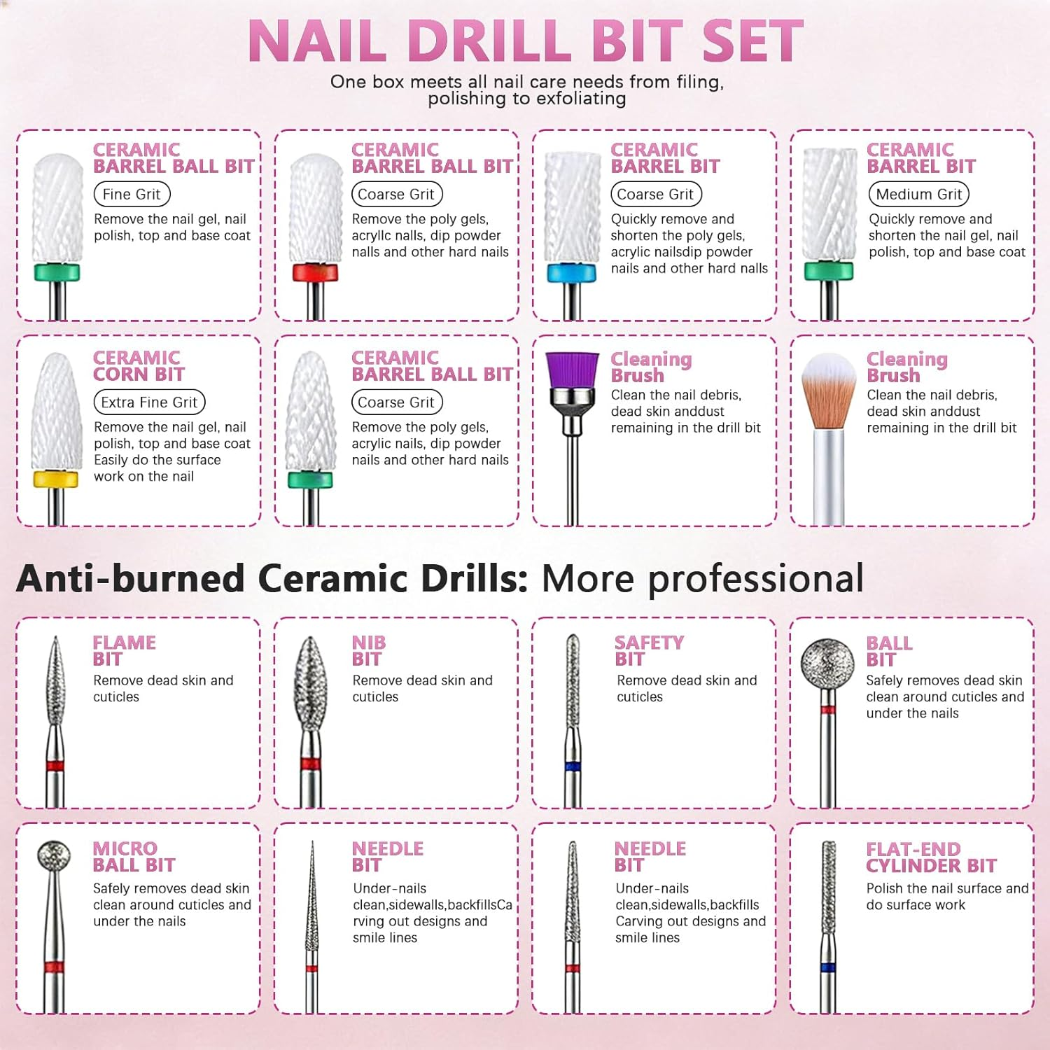 Pack of 21 Nail Cutter Bits, Diamond and Ceramic Cutter Nail Bit for Gel Nails 3/32 Inch Electric Nail Cutter Bits Set Nail Cutter Attachments Piece Nail Drill Set for Manicure and Pedicure image number 2