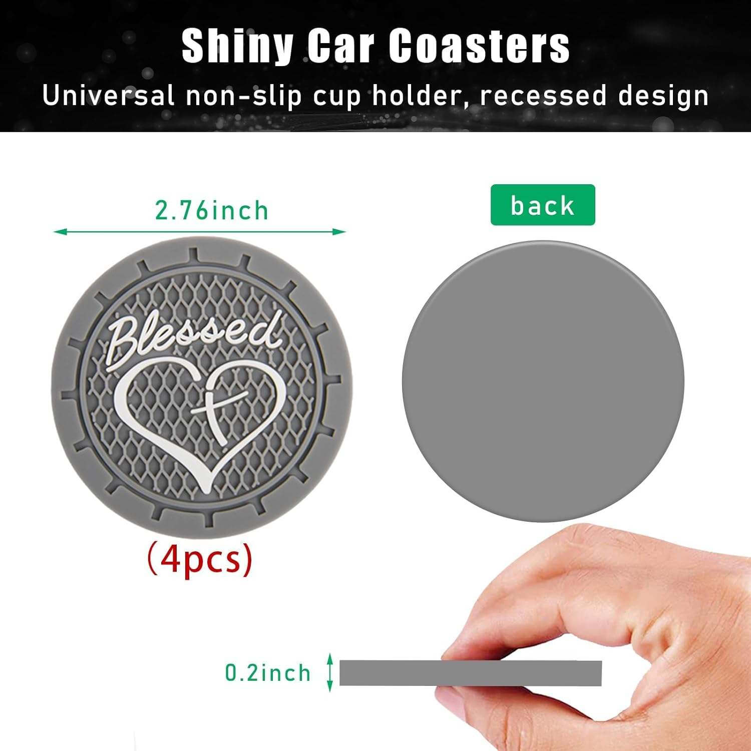 4PCS Car Cup Holder Coaster, Non-Slip PVC Insert Cup Coaster, 2.76 Inch Blessed Cross and Heart Christian Auto Drink Cup Mat, Universal Interior Accessories for Women Girls (Gray) - Grey image number 2