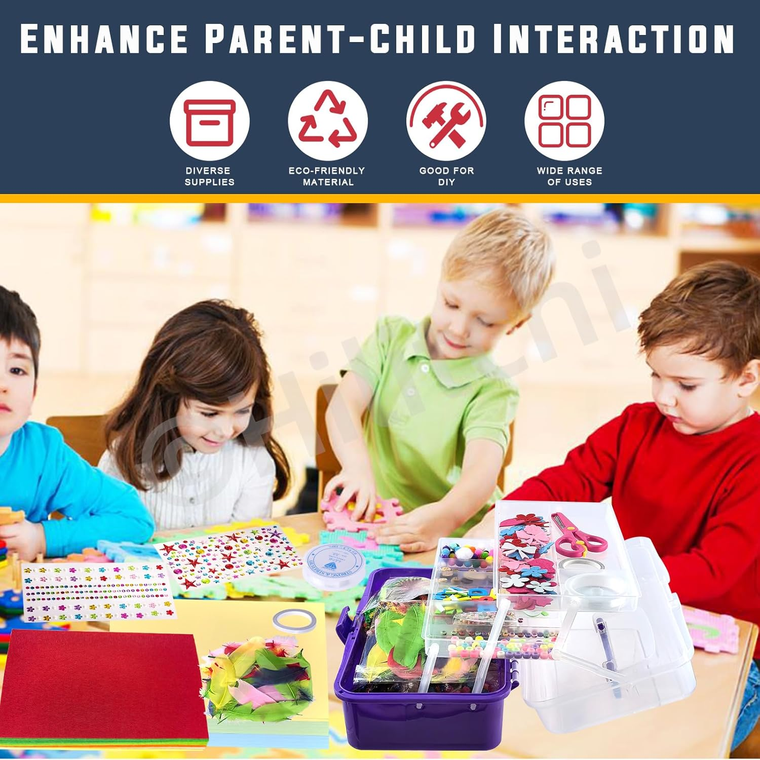 Hilitchi 814Pcs Art and Craft Supplies of Integrated DIY Process Set Includes Pipe Cleaners, Feather, Stick, Sparking Sequin, Folding Storage Box for DIY Art Craft image number 1