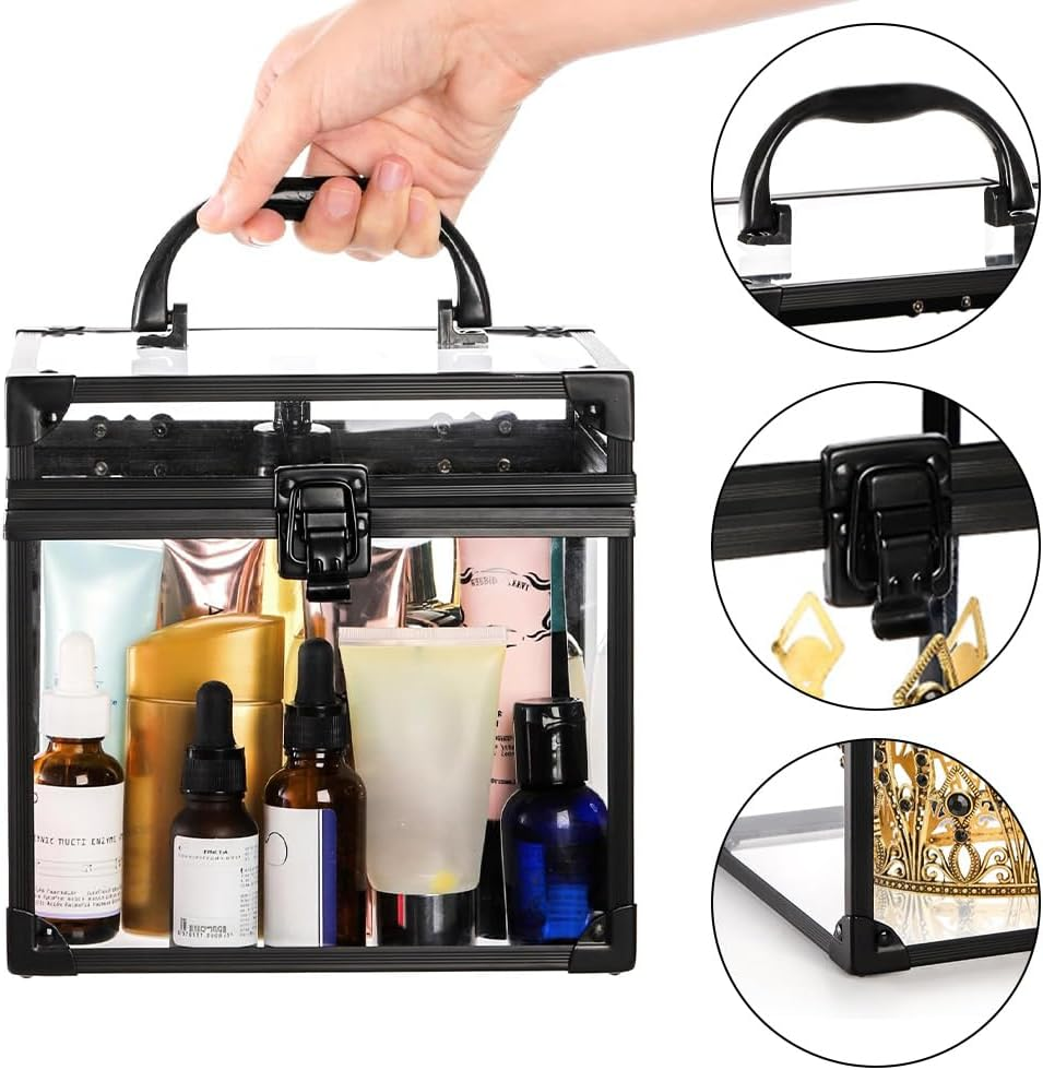 Portable Makeup Box, Aluminium Beauty Cases, Acrylic Display Case, Toiletry Cosmetic Box, Transparent Case, Travel Makeup Tools Container, with Latches and Handle, Black