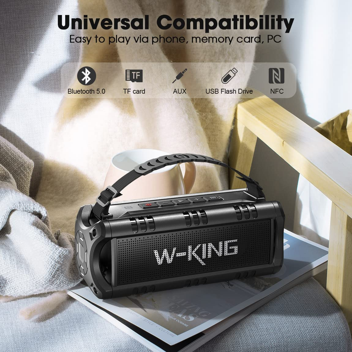 Bluetooth Speaker, W-KING 60W Peak 30W RMS Portable Wireless Speakers, Waterproof Speakers with Punchy Bass, 24 Hours Playtime, NFC, TF Card, USB Playback - Loud Speaker for Home, Party, Outdoor image number 1