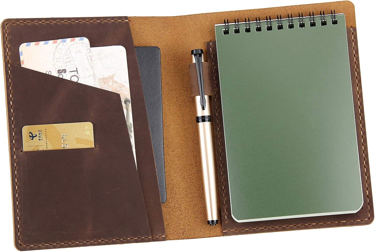 Fasjosma Leather Cover Compatible with Rite in the Rain & Rocketbook Mini Notebooks, Top Bound Spiral Notebook Cover, Leather Cover for 4'' X 6'' Pocket Notepad with Pen Holder - COFFEE
