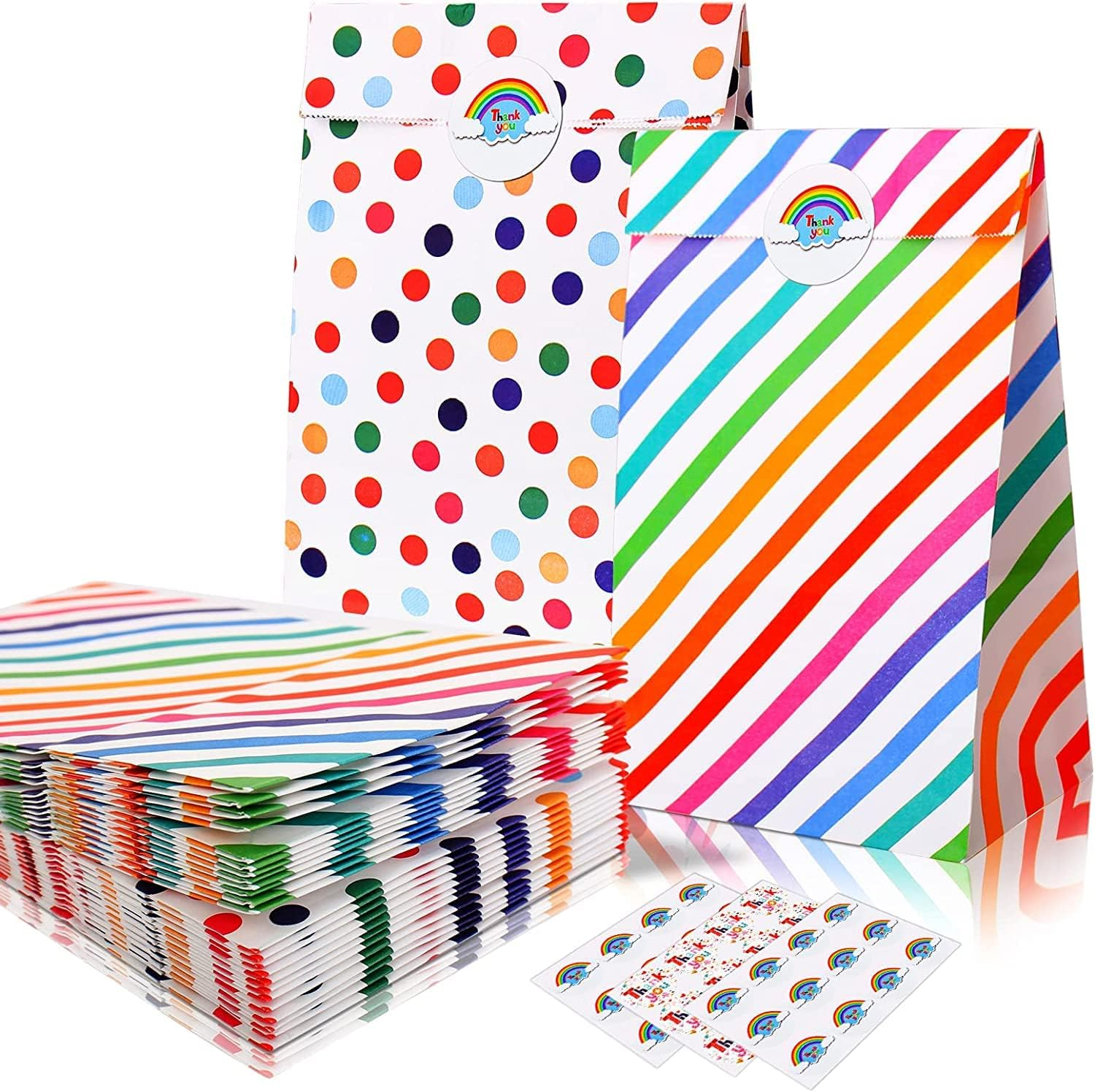 Party Favor Bags,Paper Party Bags,Rainbow Paper Bags with Stickers,Kraft Paper Loot Bags Candy Bags Wrapped Bags Treats Bags Goody Goodie Bags,Paper Gift Bags Small Gift Bags Bulk Multipack Wedding Gift Bags Gift Wrap Bags for Birthdays,Holiday,Mothers Day,Care Packages,May Day