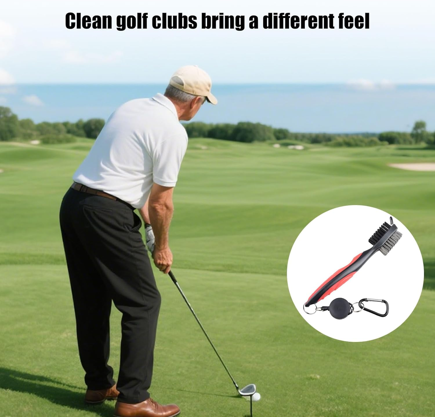 RIBHNXHI 2Ft Brass Golf Club Brush with Retractable Zip-Line and Aluminum Carabiner, Ergonomic Design, Groove Cleaner for Golf Bag image number 1
