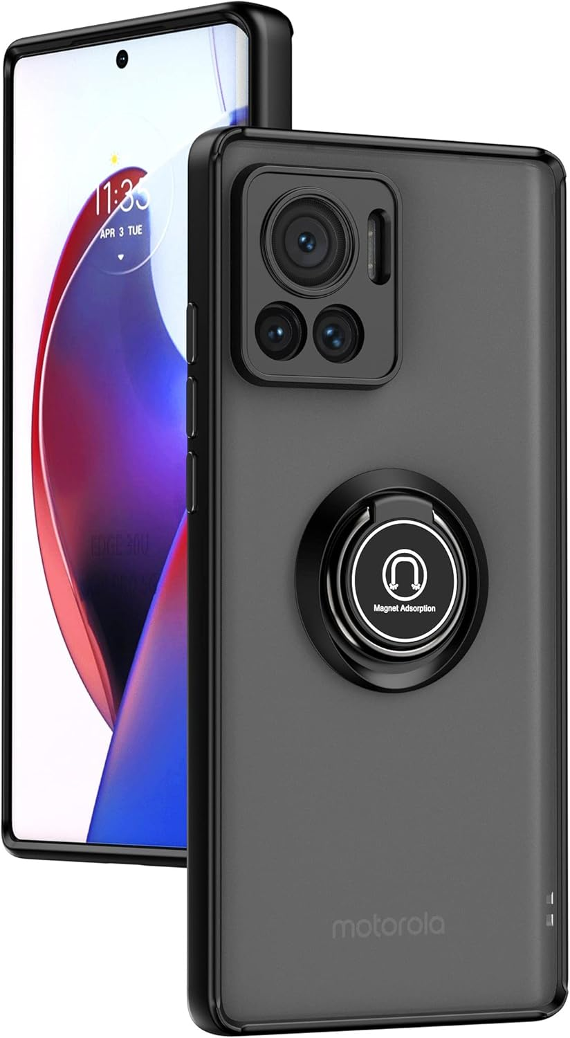 XINYEXIN Case for Motorola Edge 30 Ultra with Ring Stnad Shockproof Mobile Phone Case Anti-Scratch Translucent PC Back + Soft TPU Bumper Case Cover - Black