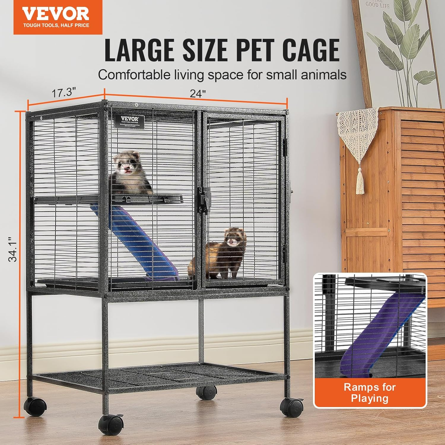 VEVOR 34" Rolling Metal Ferret Cage, Large 2-Tier Critter Nation Cage, Small Animal Cage with Ramps & Tray, Easy to Set up for Pet Rats, Hamster, Guinea Pig, Chinchilla, Squirrel, Hedgehogs, Bunny