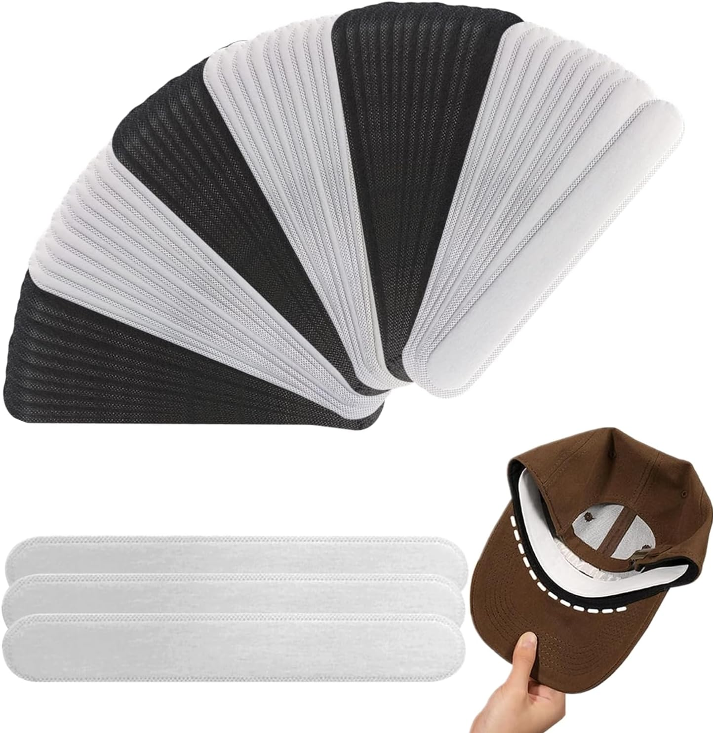ZUJIACUN 60 Pieces Hat Sweat Liner for Cap Absorbent Sweat Shields Pad for Hats Strips Black and White for Women Men image number 4