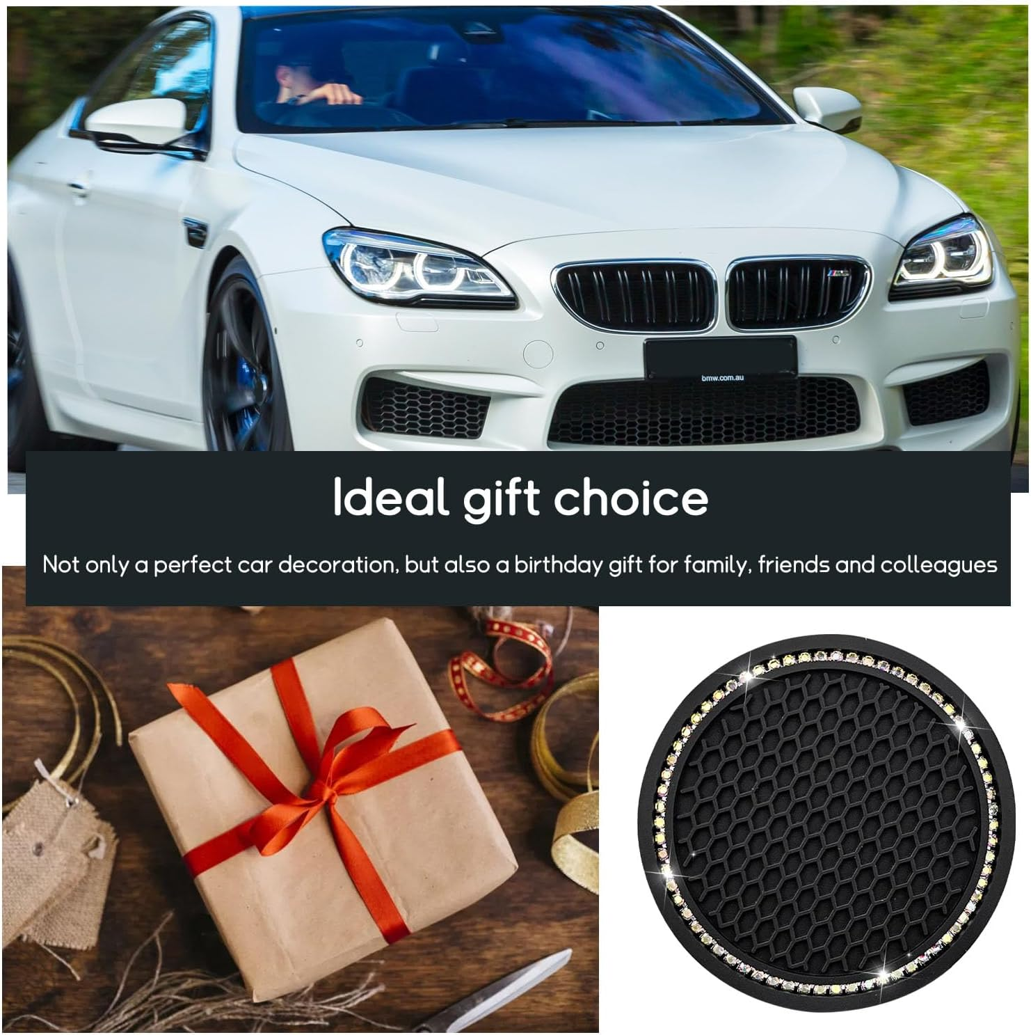 4 PCS Bling Car Cup Coaster, 2.75 Inch Crystal Rhinestone Auto Cup Holder Insert Coaster, Anti-Slip Durable Car Drink Cup Mat, Universal Vehicle Interior Decor Accessories (Black & AB) - Black  Colorful image number 6