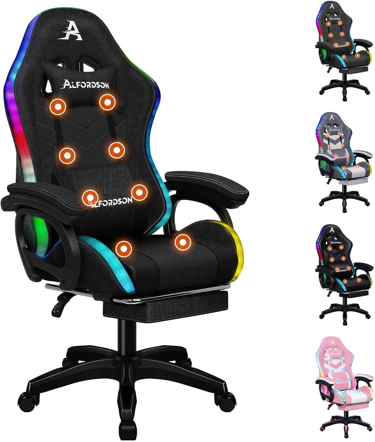 ALFORDSON Gaming Office Chair with 12 RGB LED Lights & 8 Point Massage, Racing Computer Chair with Lumbar Support & Retractable Footrest, Ergonomic Desk Chair with PU Leather Seat Office Gamer (Pink)