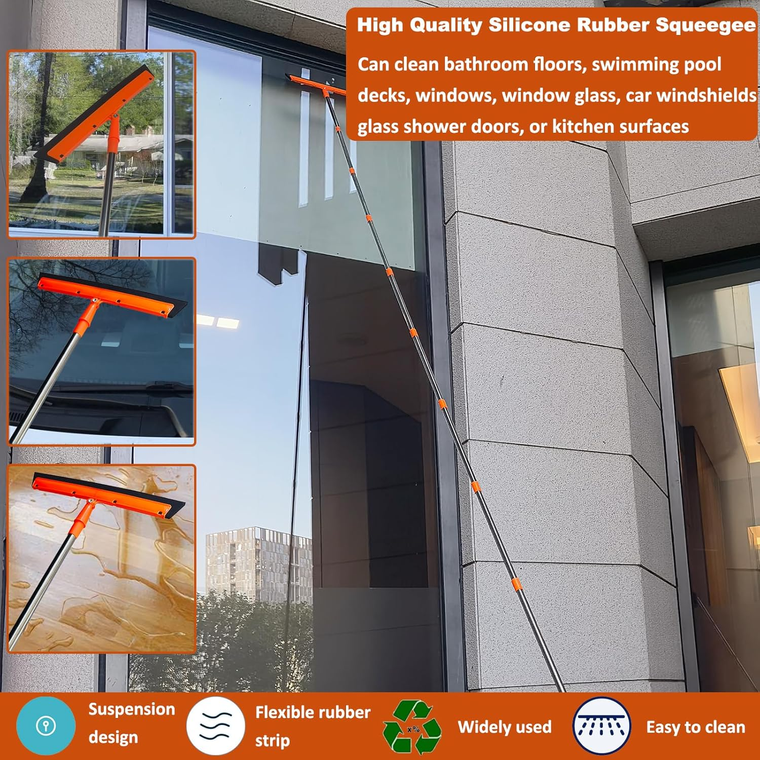 20+ Feet High Reach Duster Kit with 3-14 Ft Extension Pole // High Ceiling Dusting and Window Cleaning Kit with Spliceable Pole - Window Washer & Squeegee, Cobweb Duster, Fan Blade and Feather Dusters image number 3