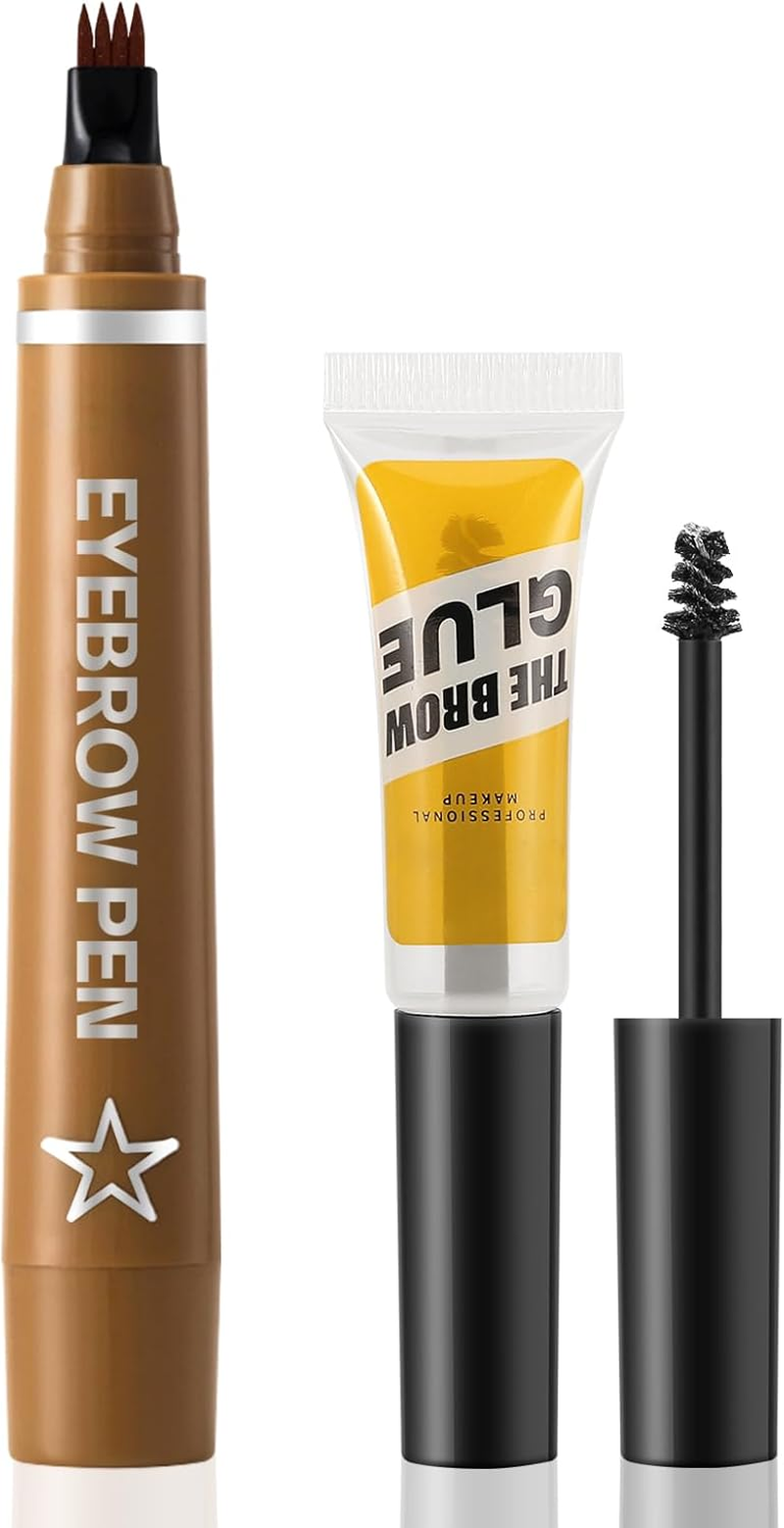 Apooliy Microblading Eyebrow Pen,Waterproof Eyebrow Pencil with Micro 4-Fork Tip,Long Lasting Eye Brow Pen & Clear Brow Gel Set,Eye Makeup Pencil for Women,Dark Brown