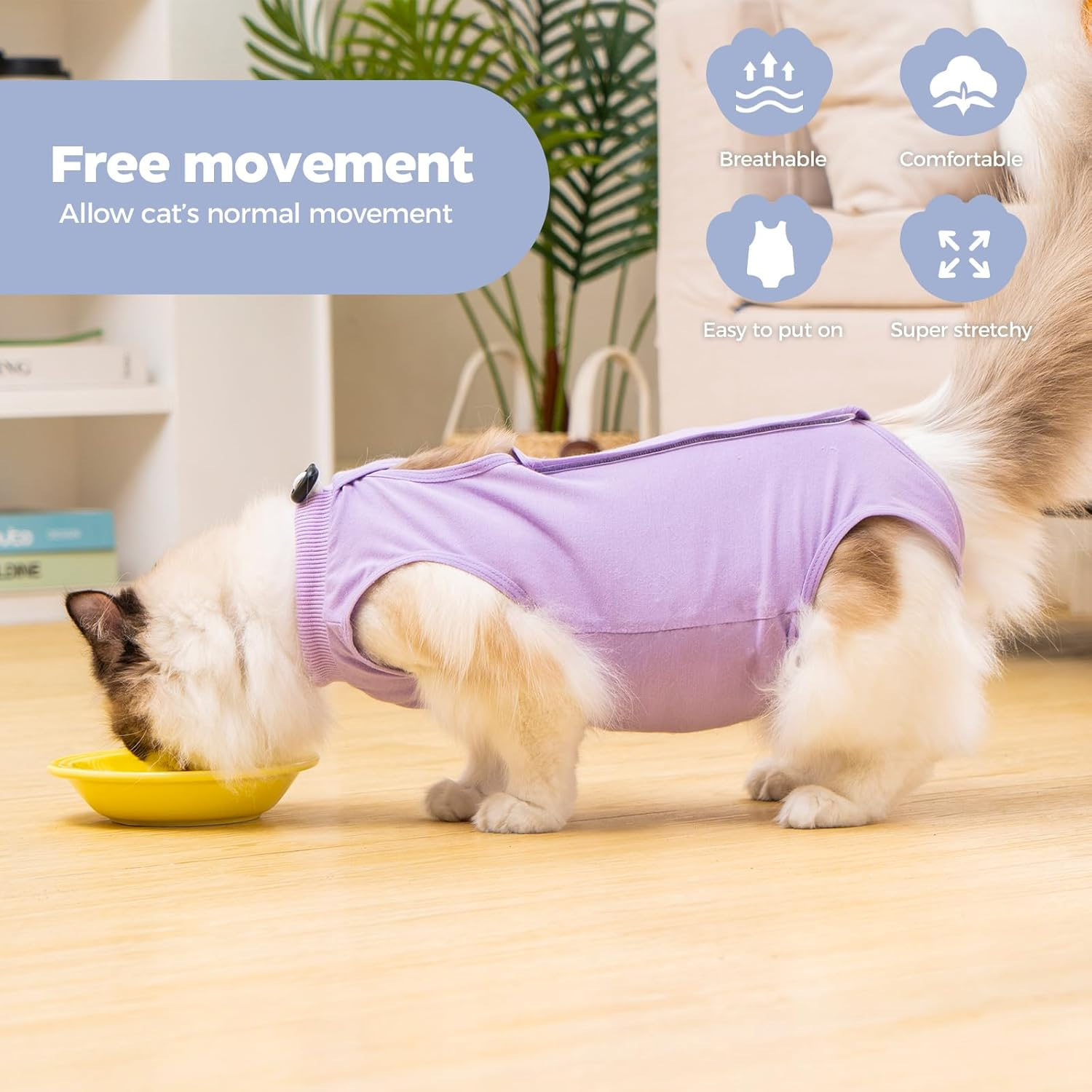 Avont Cat Recovery Suit&ndash;Soft Post-Surgery Onesie, Breathable Cone-Of-Shame Alternative for Spayed Females Cat, Skin Wound Care -Purple(S) image number 2
