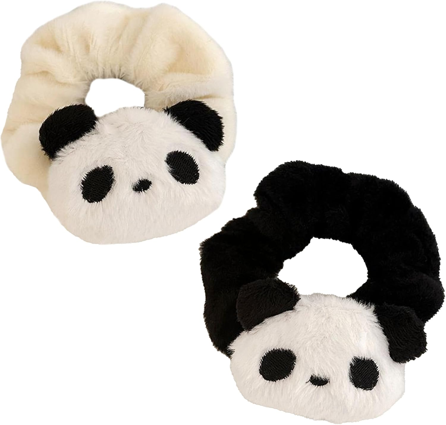 Fluffy Panda Scrunchie, Set of 2, Black, White, Gentle on Hair, High Elastic, Stylish, Adult, Women, Hair Accessory, Gift image number 4