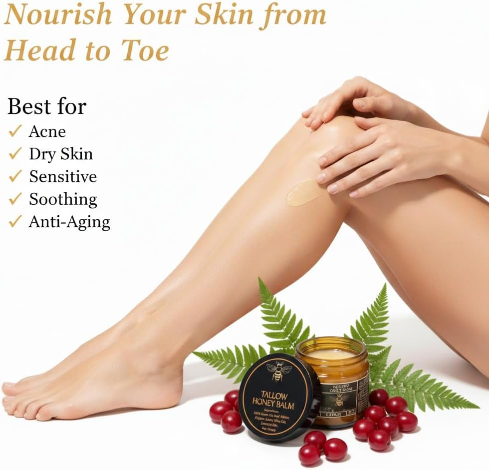 Organic Grass-Fed Beef Tallow Balm with Raw Honey - Moisturizing Cream for Soft, Smooth Skin - Handmade All-Natural Moisturizer (3.5 Oz/100 G, Unscented) image number 1