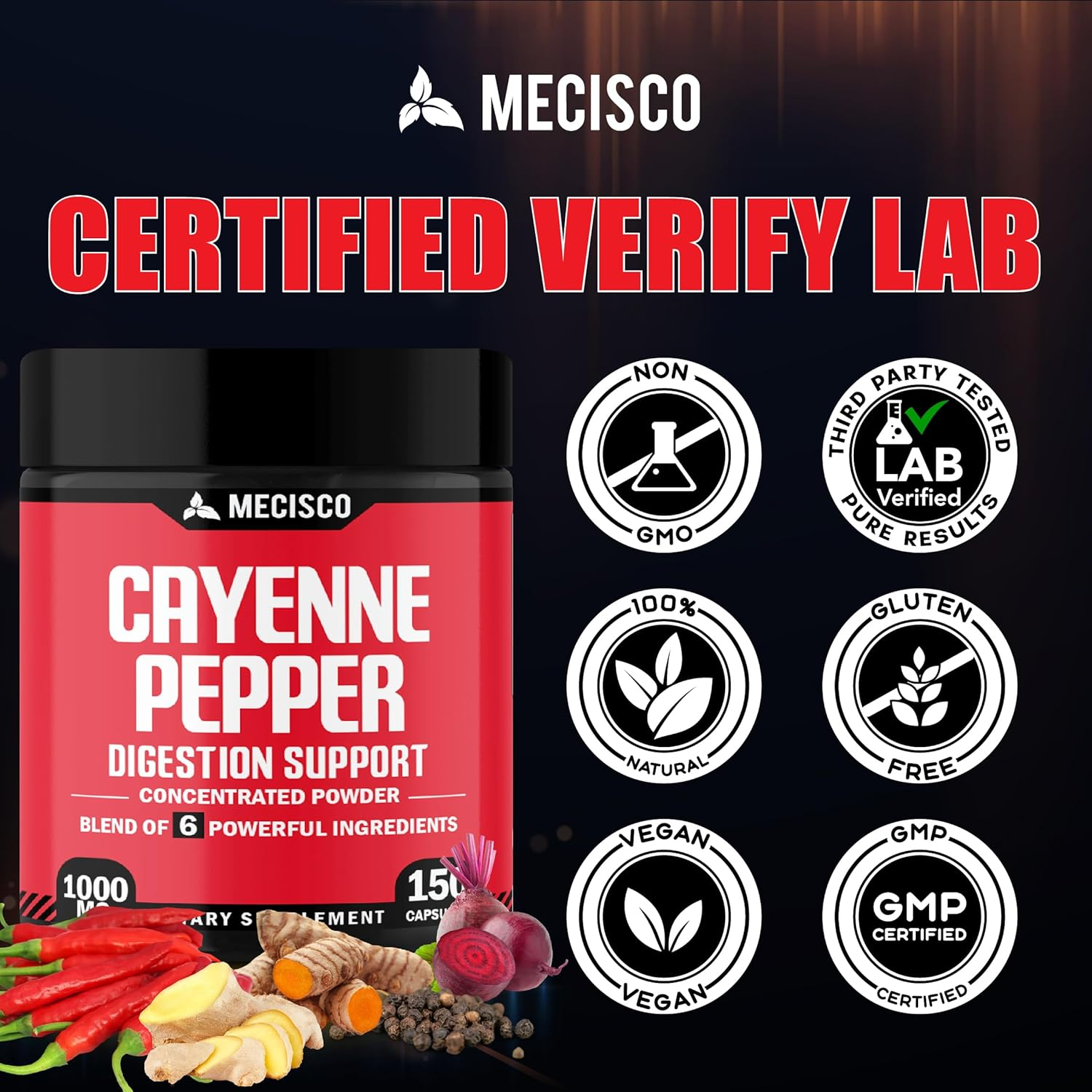 6In1- Cayenne Pepper Capsules with Ginger Root, Beet Root, and Black Pepper and More - 150 Capsules
