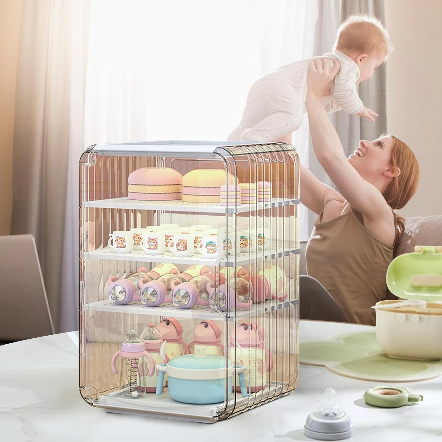 Baby Bottle Storage Organizer for Countertop Cabinet, 3/4 Layers Nursery Drying Rack Child Tableware, Baby Bottles Station Organizer Container, Space-Saving Dust Protection Clear Bottle Holder image number 2