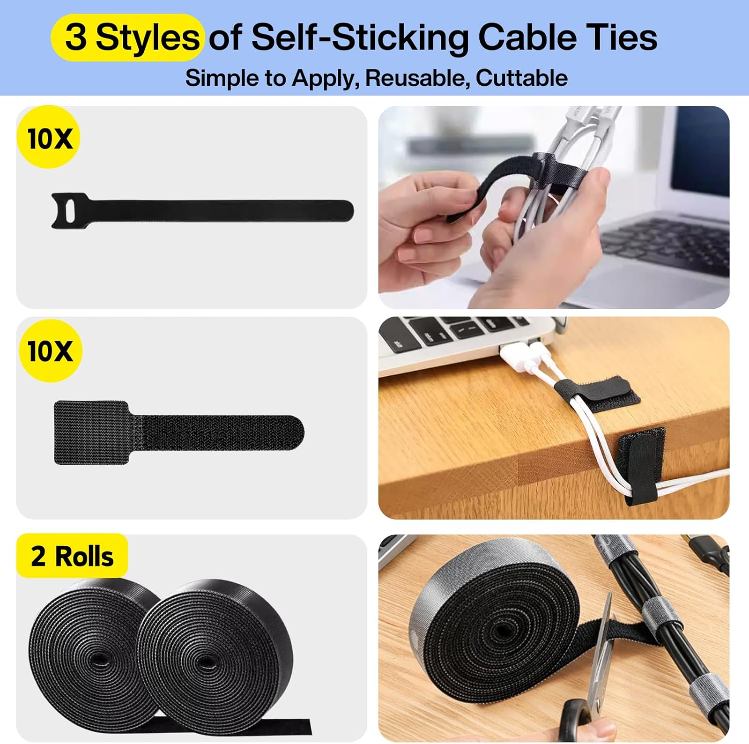 [313 Pcs] Cable Management Kit, 67 Adhesive Cable Clips, Desk Cord Organizer, 22 Reusable Cable Strap, 4 Cable Sleeve Split, 200 Nylon Cable Zip Ties with 20 Mounts for TV Office Home, Black image number 5