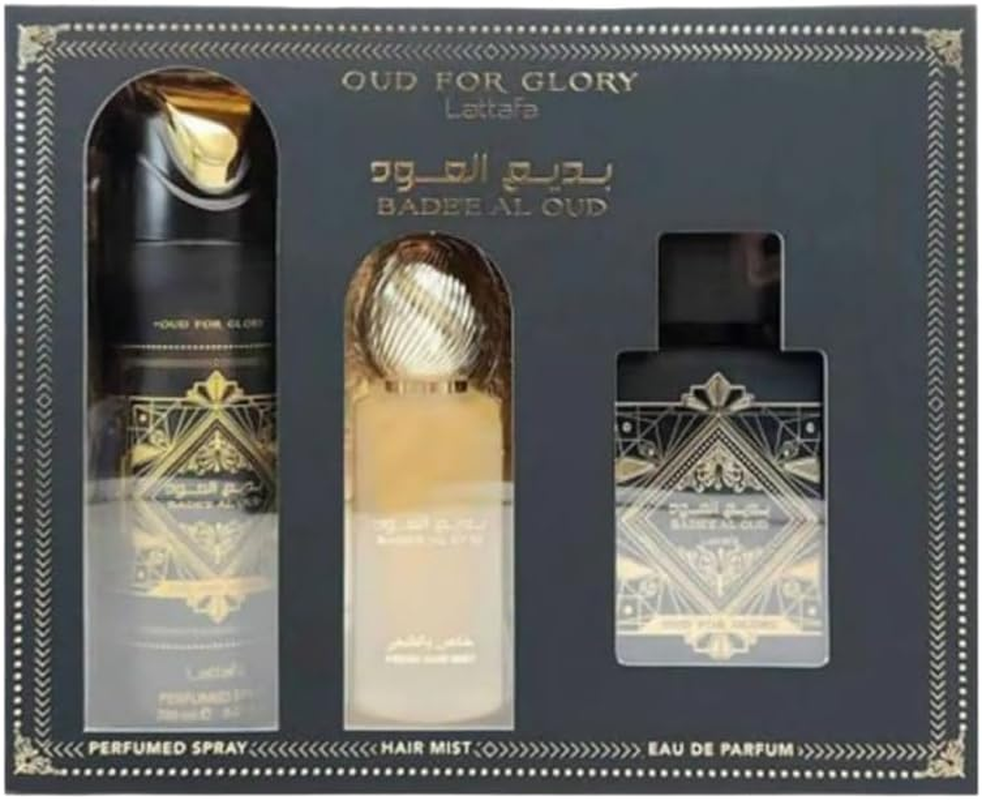 Lattafa Badee Al Oud Glory 100Ml EDP Unisex + 200Ml Body Spray + 50Ml Hair Mist